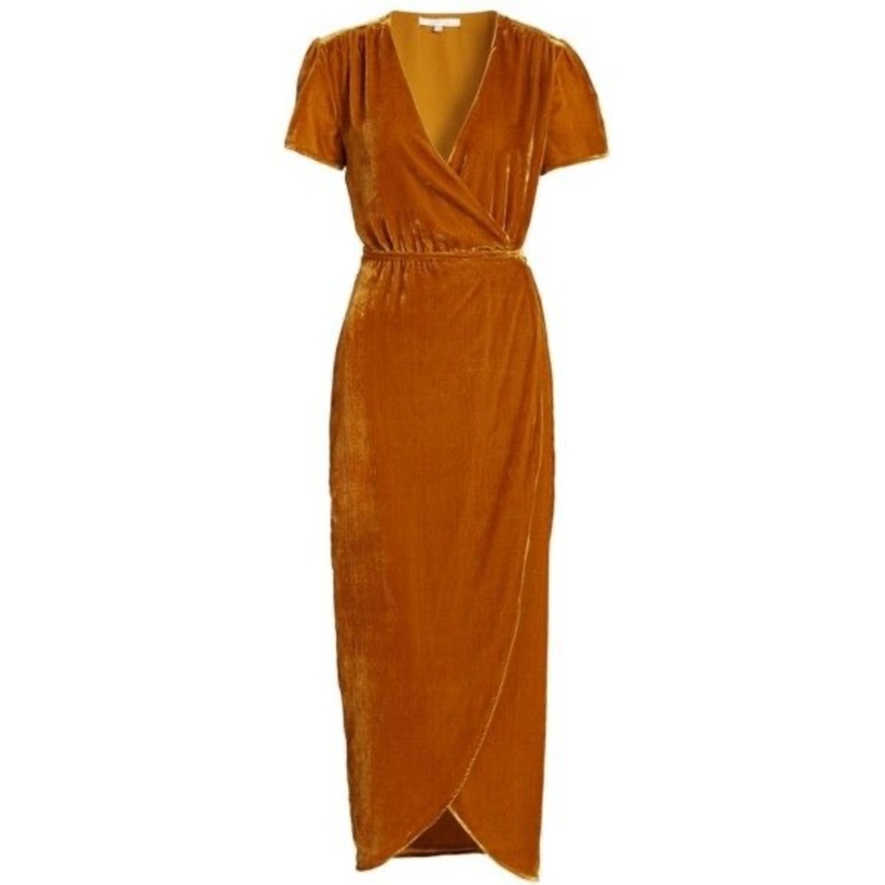Wayf Next To You Velvet Wrap Dress - Gold/Rust - Size Small